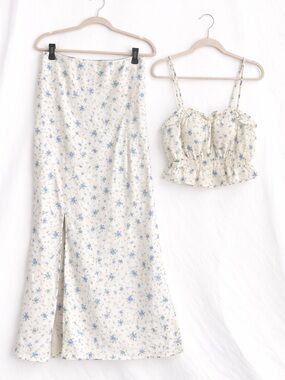 Wild Fable Blue Floral Linen Set Skirt + Crop Tank Bow Front Cottagecore